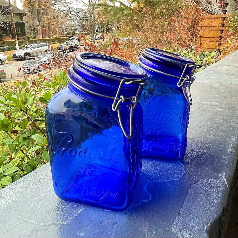 Vintage | Cobalt Blue Embossed Glass Canister